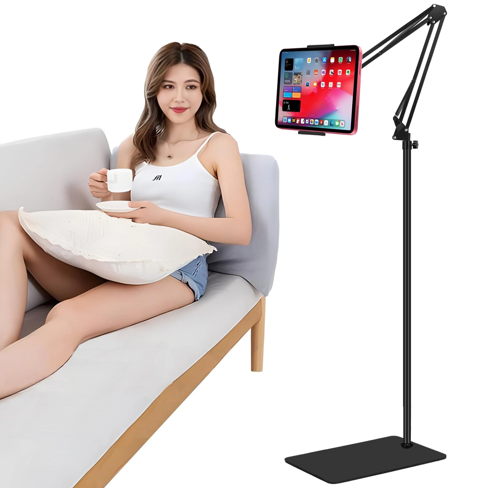 Tablet Floor Stand with Double Weight Base,Overhead Bed Phone Stand Height Adjustable/Arm Stretchable Tablet Holder, Compatible with 4.5''-13'' iPhone, iPad, Galaxy Tab, Kindle, or Other Phones
