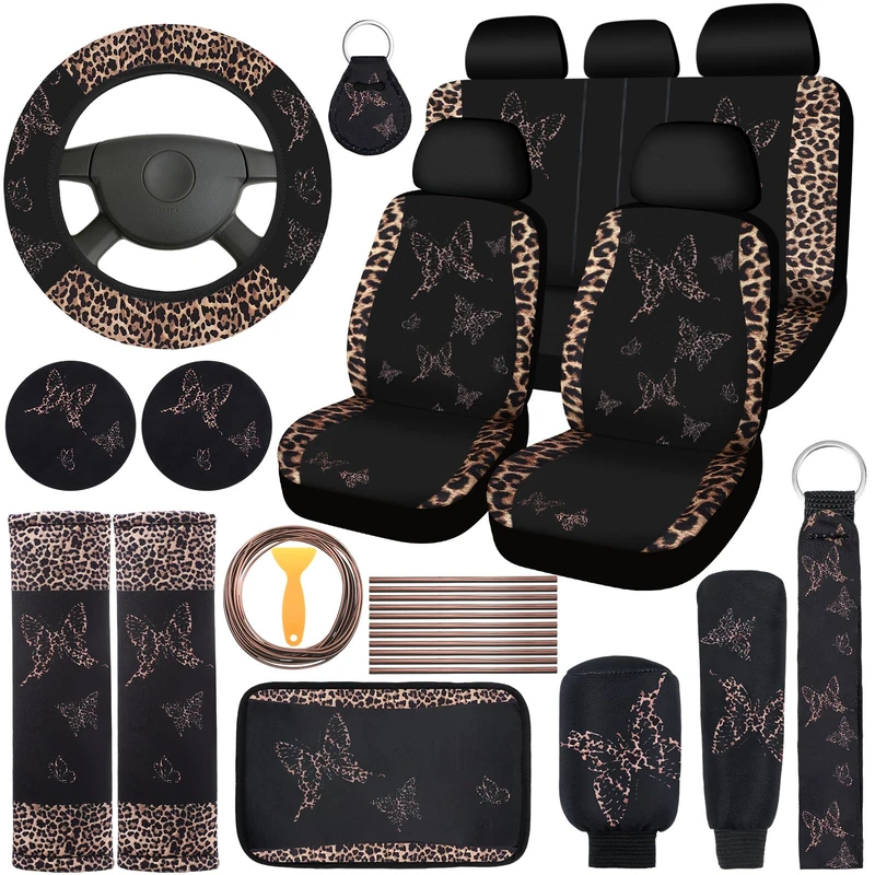 BBTO 43 Pcs Butterfly Car Seat Full Set Butterfly Car Accessories for Women 5 Front Rear Seat Covers Wrist Strap 2 Pcs Cup Mat Armrest Pad 2 Belt Cover Accessories for SUV (Brown Leopard Print)