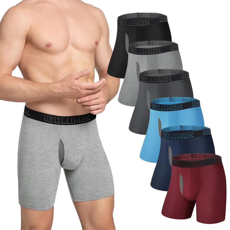 IGOLUMON Bamboo Boxers Mens Longer Leg Boxer Shorts Multipack 6 Pack Breathable Anti Chafing Underwear Trunks with Open Fly - No Itchy Labels -Elastic Waist, Moisture Wicking Sports Underpants