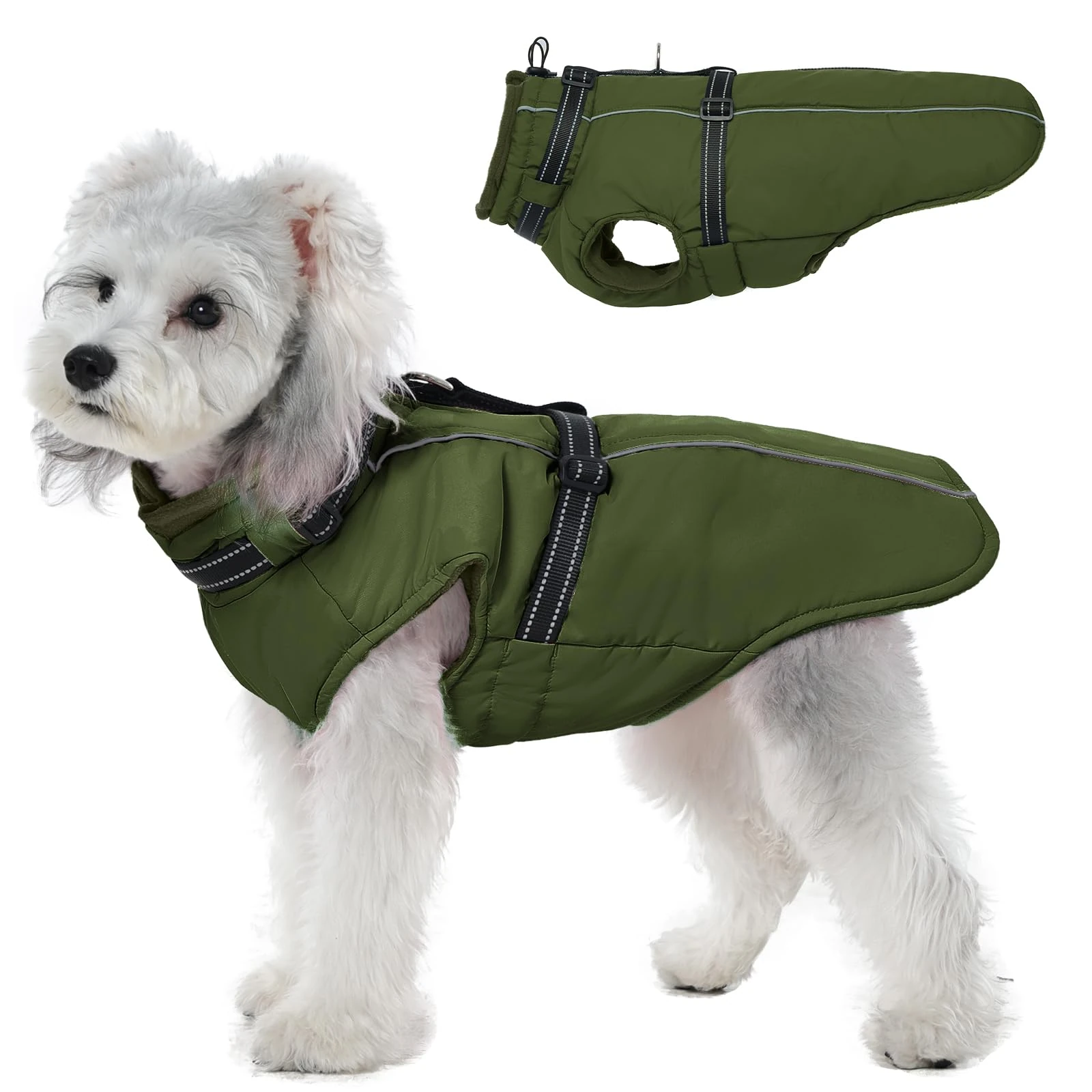Lelepet Small Dog Coat With Harness - Warm Waterproof Fleece Jacket, Winter Reflective Vest Snow Suit for Chihuahua, Maltese - Army Green XS