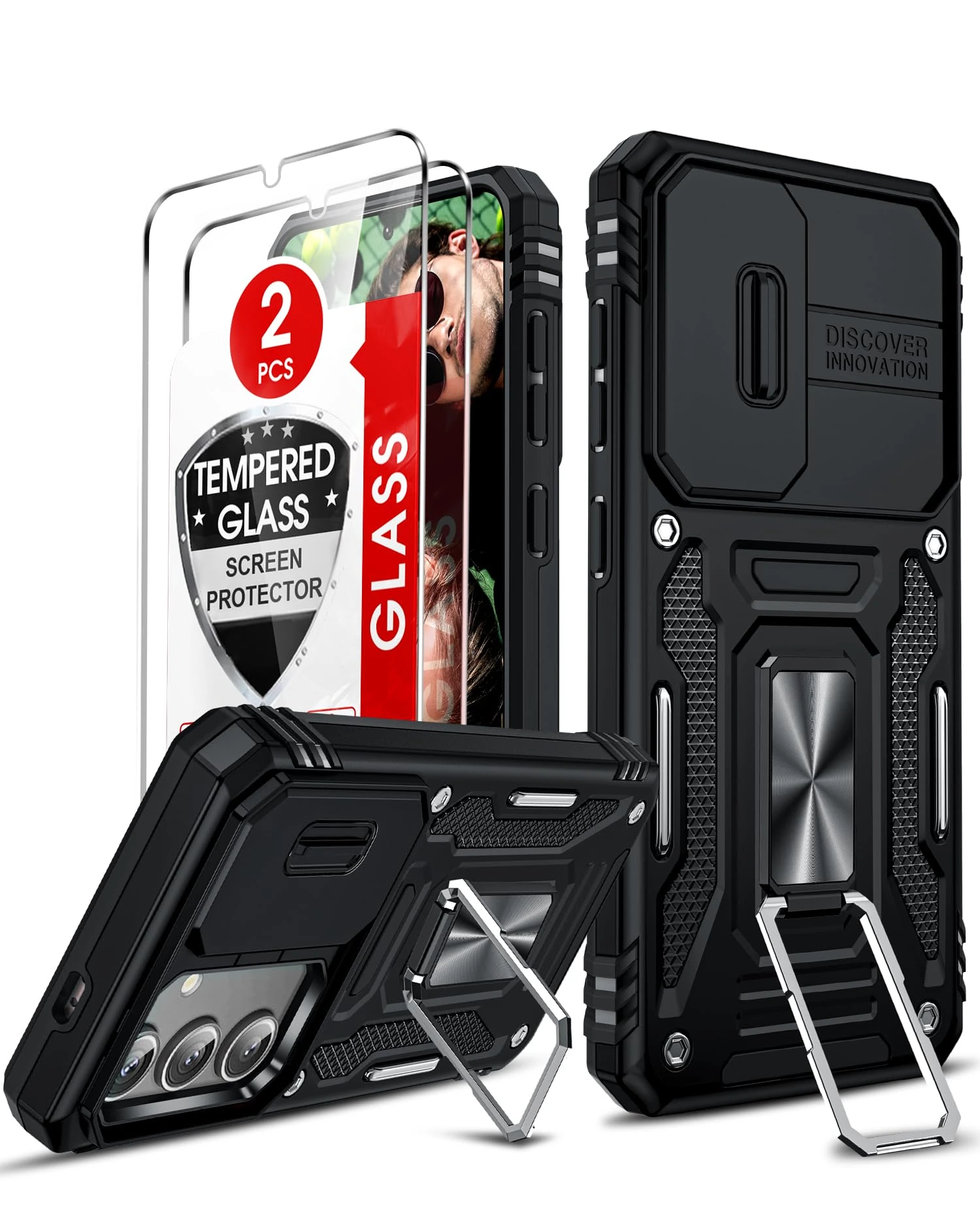 LeYi for Samsung Galaxy S25 Plus/S25+ Phone Case with Camera Lens Cover Slider, 2 Tempered Glass Screen Protectors, Ring Stand Holder, 360 Full Body Tough Armor Cover Hard Heavy Duty Protective, Black