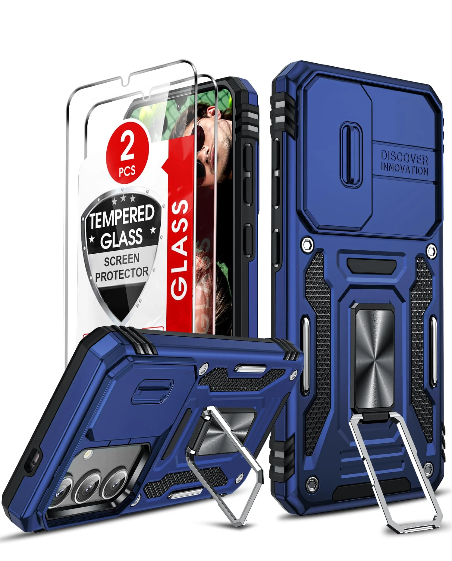 LeYi for Samsung Galaxy S25 Plus/S25+ Phone Case with Camera Cover Slider, 2 Tempered Glass Screen Protector, Ring Stand Holder, 360 Full Body Tough Armor Cover Hard Heavy Duty Protective,Navy Blue