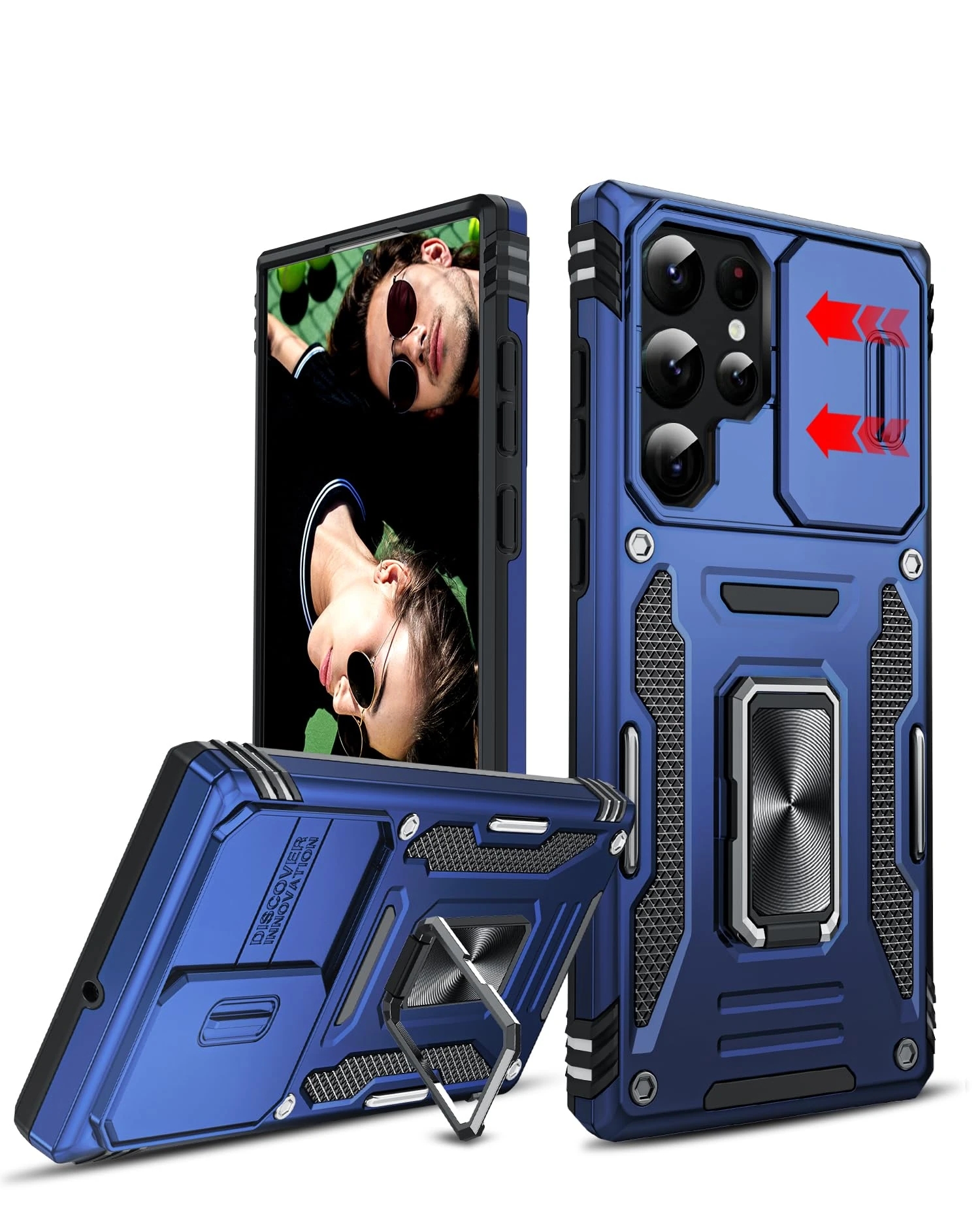 LeYi for Samsung Galaxy S22 Ultra Phone Case, with Camera Lens Cover Slider and Ring Stand Holder, Military Grade Hard Protective Cover Tough Armour Case for Samsung Galaxy S 22 Ultra, Navy Blue