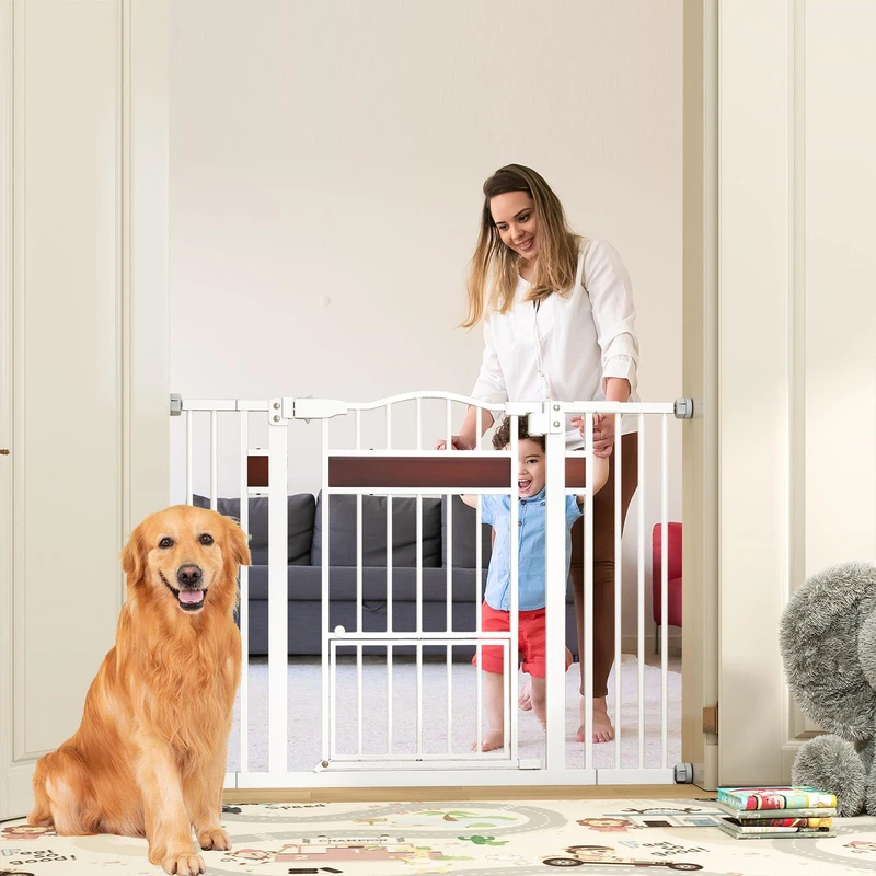 GYMAX Baby Safety Gate, 74-104 cm Adjustable Width Stair Gates with Small Door, Dual Locks and Pressure Mount System, Metal Extra Wide Walk Through Pet Gate for Kids & Pets (White)