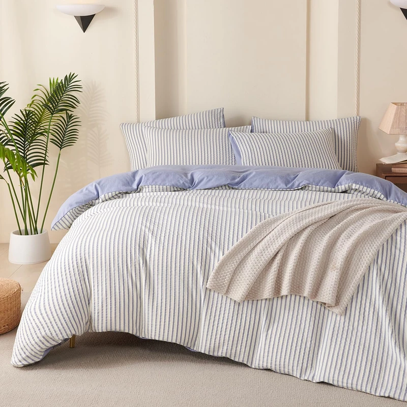 TISPLR Striped Comforter Queen Blue Soft Luxury Washed Microfiber Jacquard 3 Pieces Bedding, White Blue Vertical Ticking Stripes Pattern Comforter with 2 Pillowcases Breathable Durable Comfy