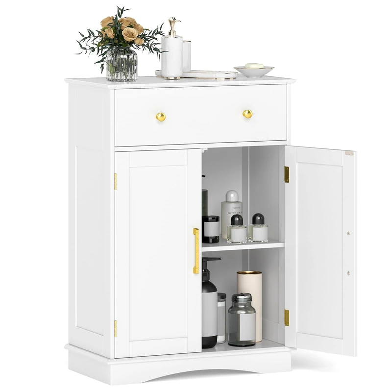 RELAX4LIFE Bathroom Floor Cabinet, Double Door Wooden Storage Cupboard with Drawer & Adjustable Shelf, Freestanding Bathroom Organizer Unit Side Cabinet for Living Room Hallway (Golden Handles, White)