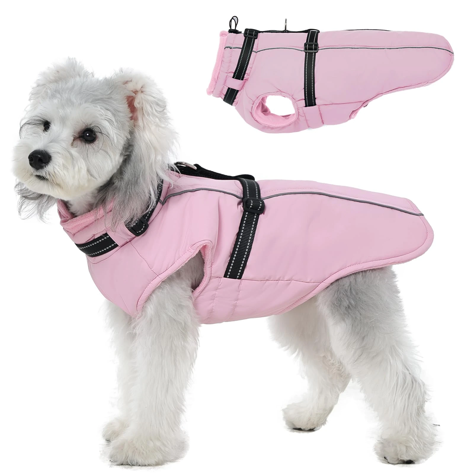 Lelepet Small Dog Coat With Harness - Warm Waterproof Fleece Jacket, Winter Reflective Vest Snow Suit for Chihuahua, Maltese - Pink XS
