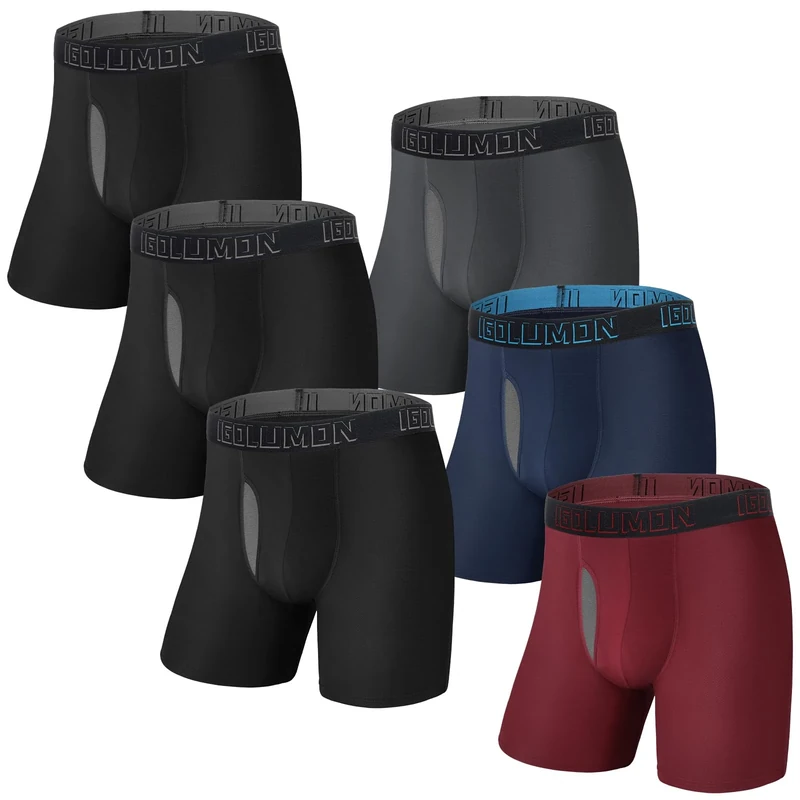 IGOLUMON Bamboo Boxers Mens Longer Leg Boxer Shorts Multipack 6 Pack Breathable Anti Chafing Underwear Trunks with Open Fly - No Itchy Labels -Elastic Waist, Moisture Wicking Sports Underpants