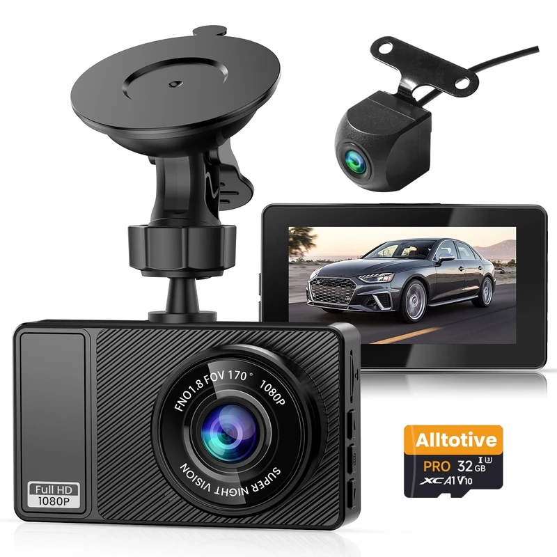Alltotive Dash Cam Front and Rear, 1080P Full HD In Car Camera Dual Lens Dashcam for Cars, SD Card Included, 170 Wide Angle with Loop Recording and G-sensor(E3)
