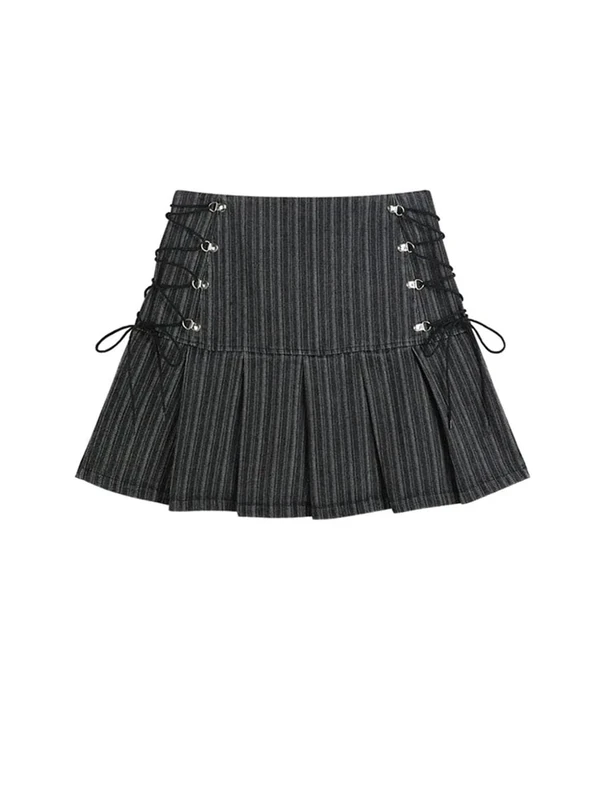 Women's Y2k High Waist Striped Lace-Up Mini Skirt Gray XL