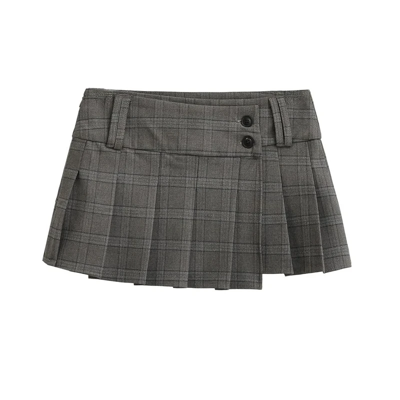 Women's Y2K Vintage Plaid Pleated Asymmetric Mini Skirt - Gray L