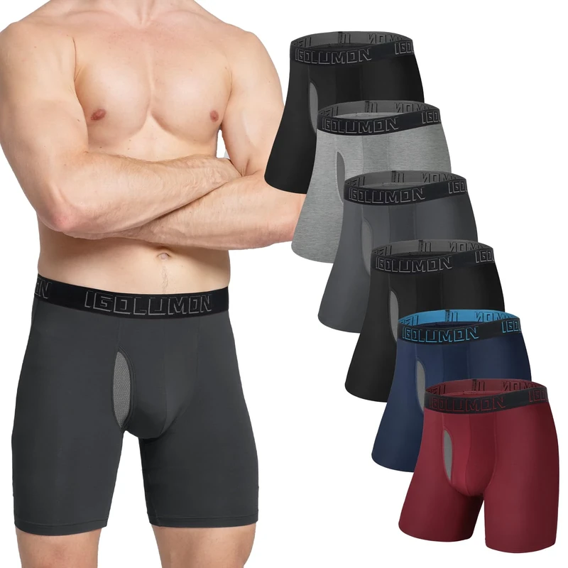 IGOLUMON Bamboo Boxers Mens Longer Leg Boxer Shorts Multipack 6 Pack Breathable Anti Chafing Underwear Trunks with Open Fly - No Itchy Labels -Elastic Waist, Moisture Wicking Sports Underpants