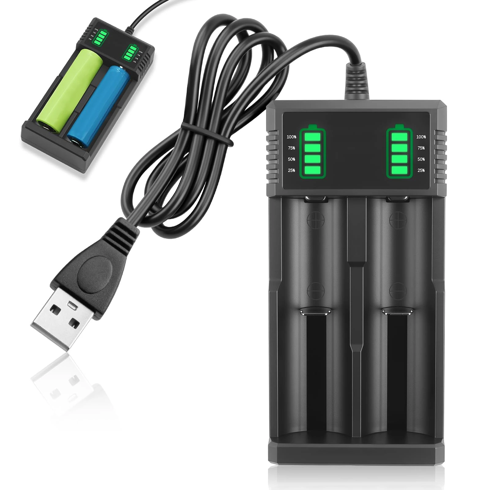 Dual 18650 Battery Charger 3.7V/3.6V Universal Intelligent USB Battery Charger for 3.7V 3.6V Li-ion Rechargeable Batteries 18650 18500 18490 18350 17670 17500 16340(RCR123) 14500 14650 26650 22650