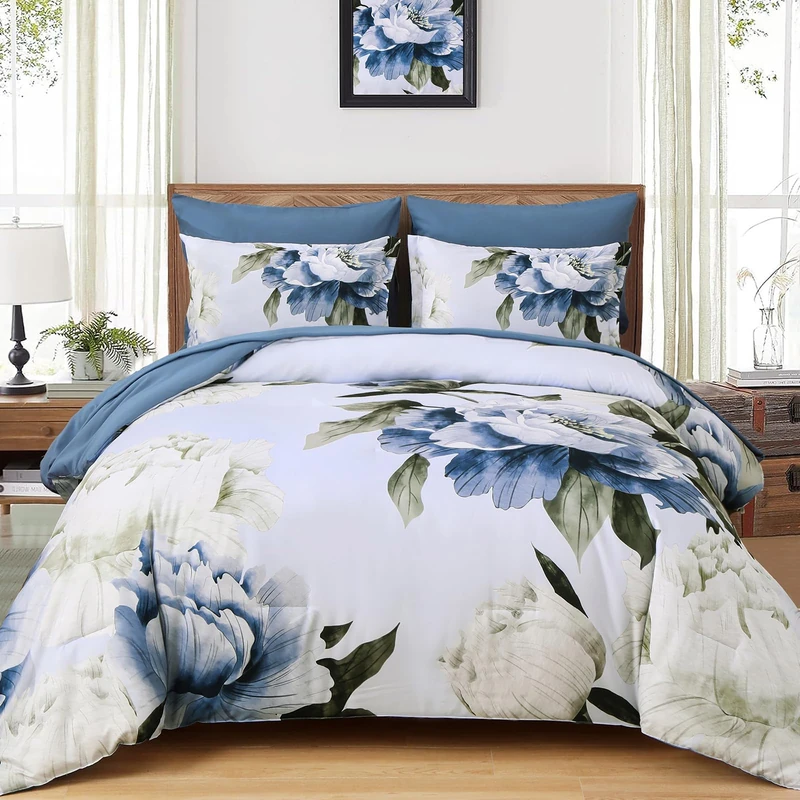 Dobuyly Blue Twin Comforter Set 5 Piece Bed in a Bag Twin Size, Blue Floral Print on Light Blue Comforter Set with Sheets, Soft Microfiber Complete Bedding Set for All Season