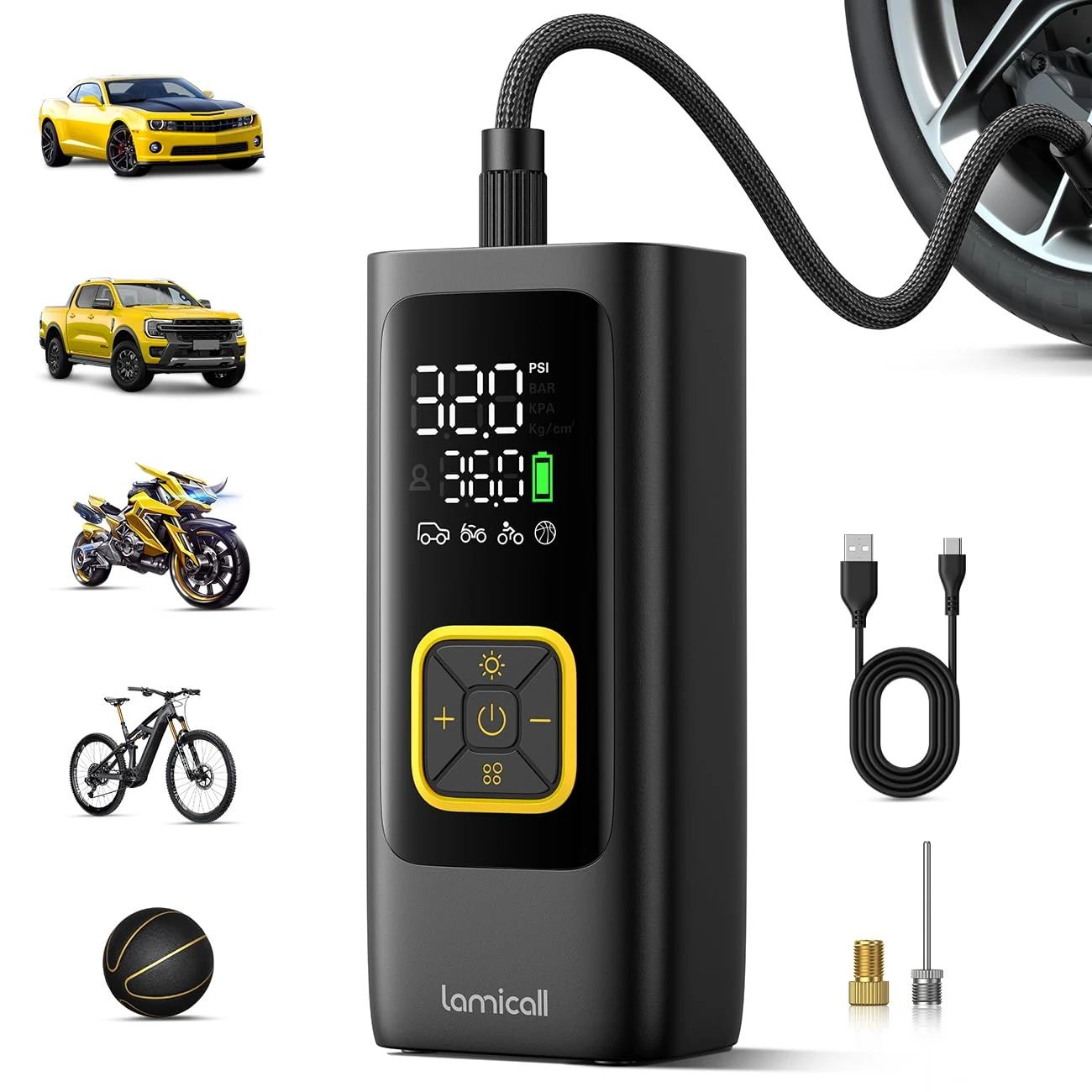 Lamicall Tyre Inflator Cordless Compressor - [6000mAh High-Capacity Battery] 150PSI Electric Air Pump with Digital Pressure Gauge & Auto Shutoff, Portable Pump with LED Light for Car Bike Motorcycle
