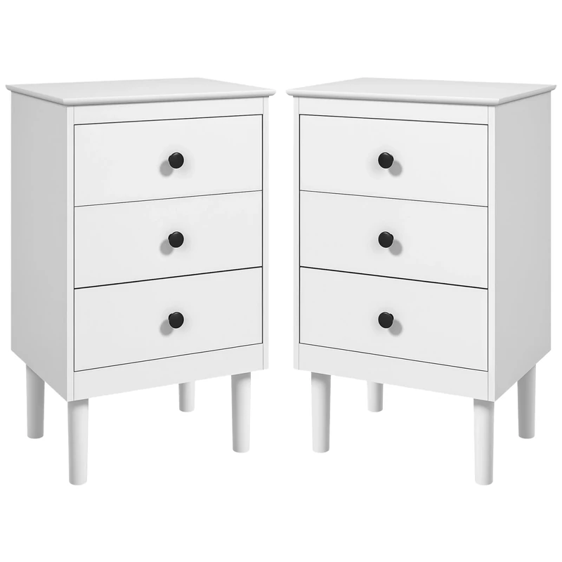 HOMCOM Bedside Table, Modern Side Table with 3 Drawers, Nightstand for Bedroom, 40 x 30 x 64 cm, Set of 2, White