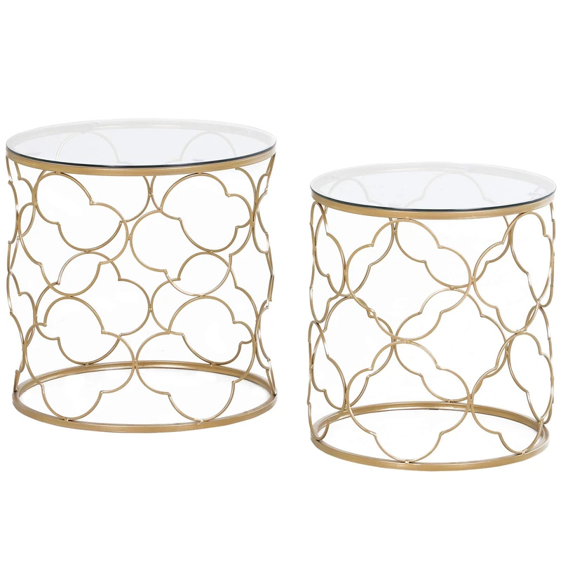 HOMCOM Nesting Tables Set of 2, Modern Stacking Side End Table with Tempered Glass Top, Metal Frame for Living Room Bedroom Office, Gold Tone