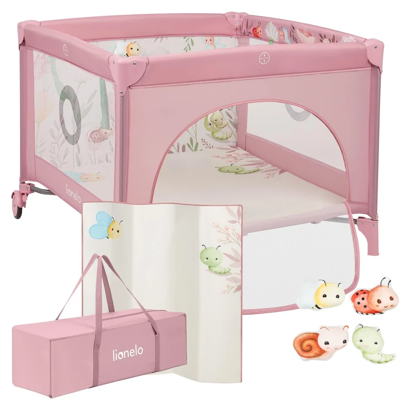 LIONELO Travel Cot & Baby Playpen Mille 100 x 100 cm with Padded Frame & Mesh Transparent Walls, Mattress, Side‑Zip Door, Play Yard for Babies Unisex Age 0–36 Months, Portable & Foldable, Wheels, Bag