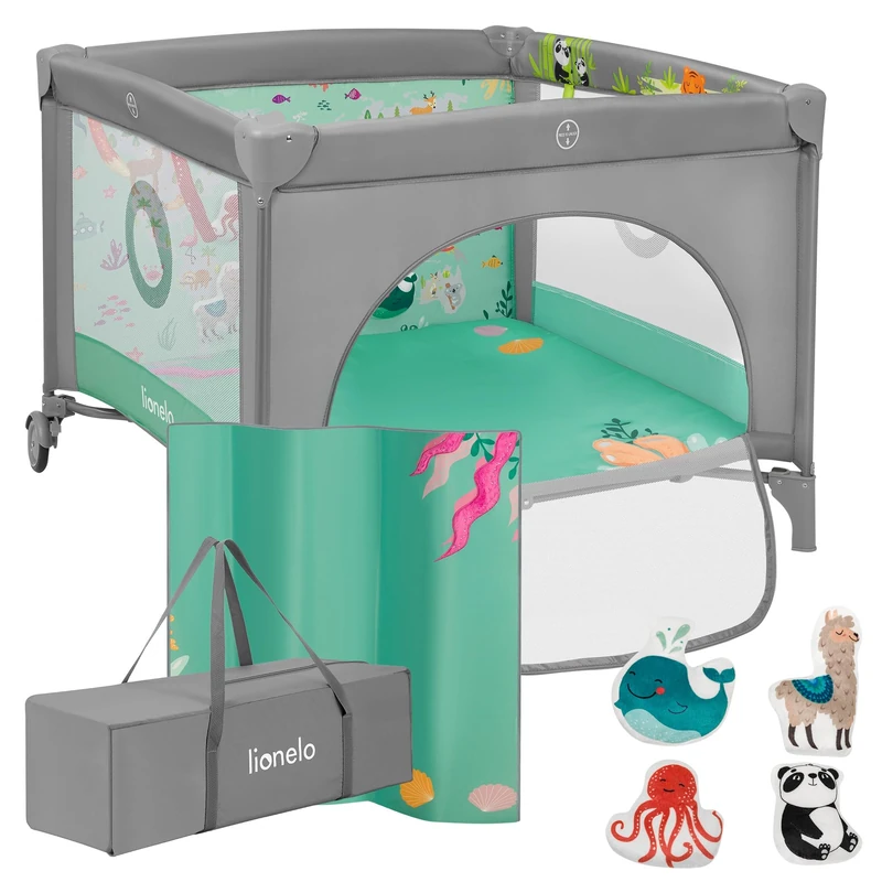 LIONELO Travel Cot & Baby Playpen Mille 100 x 100 cm with Padded Frame & Mesh Transparent Walls, Mattress, Side‑Zip Door, Play Yard for Babies Unisex Age 0–36 Months, Portable & Foldable, Wheels, Bag