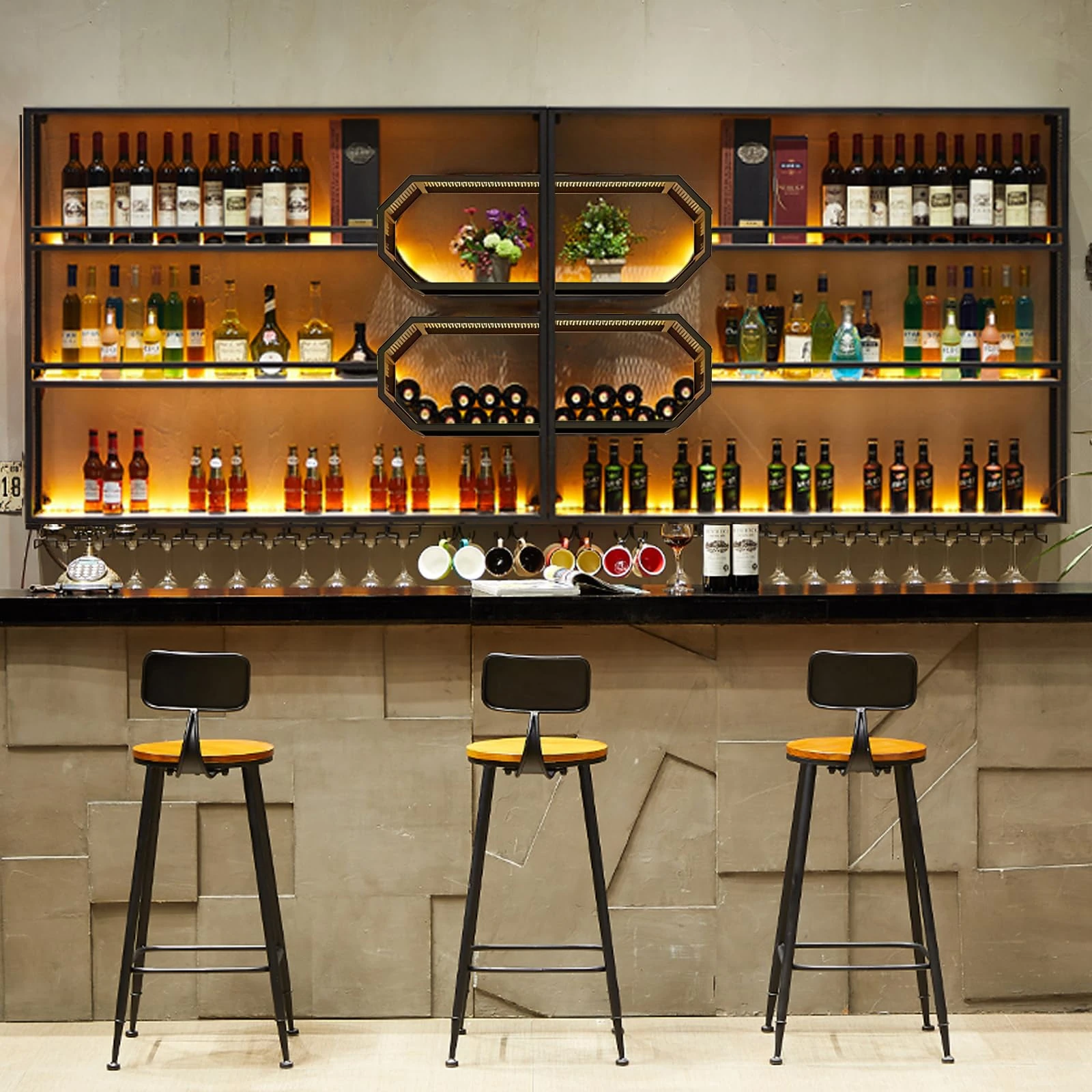 Dawselod Wall Mounted Wine Rack,Large Wine Bottles Display Shelf with Glasses Holder,4 Tier Metal Bar Shelves,Industrial Liquor Shelves for Home Bar, Dining Room & Kitchen (black, 300 * 25 * 125cm)