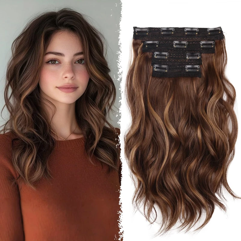 Clip In Hair Extension - 14 Inch Wavy Natural Synthetic Hair Extensions Clip In (Color: Chestnut Brown with Light Brown Highlights)