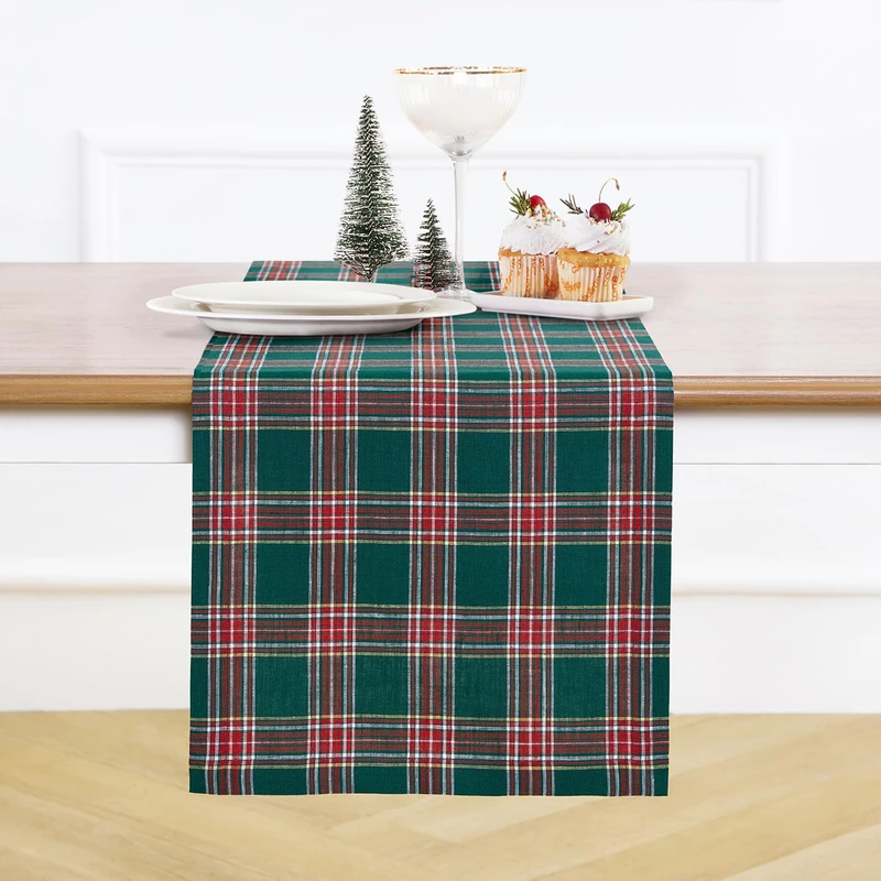 Solino Home Christmas Table Runner 90 Inches Long - 100% Pure Linen Green Tartan Plaid Table Runner 14 x 90 Inch for Dining, Xmas