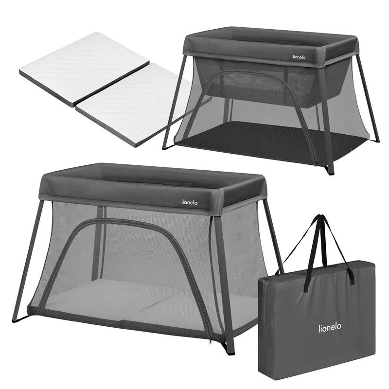 lionelo Travel Cot & Playpen 3-in-1 ALICE Foldable Baby Cot with Side Zip Entrance, 2 Mattress Heights, Thick T25 Foam Mattress, Lightweight Compact Design with Travel Bag, From birth up to 36 months