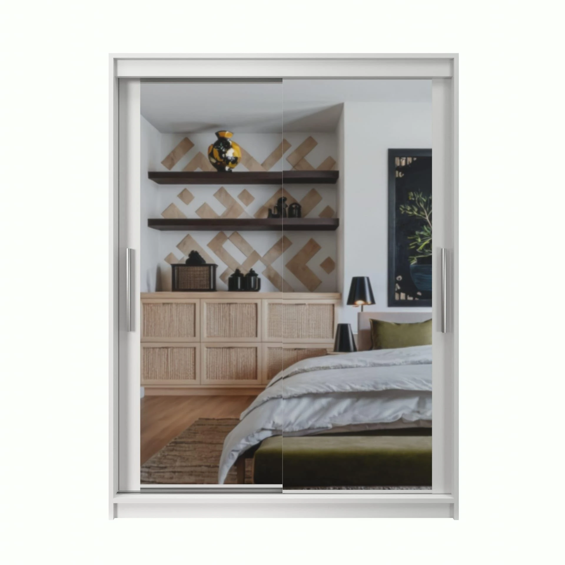 Easy4You White Series Full Mirror 150 cm Sliding Door Wardrobe Widths 100/120/150/180/200 cm Furniture for Bedroom Living Room Wardrobe with Hanging Rail