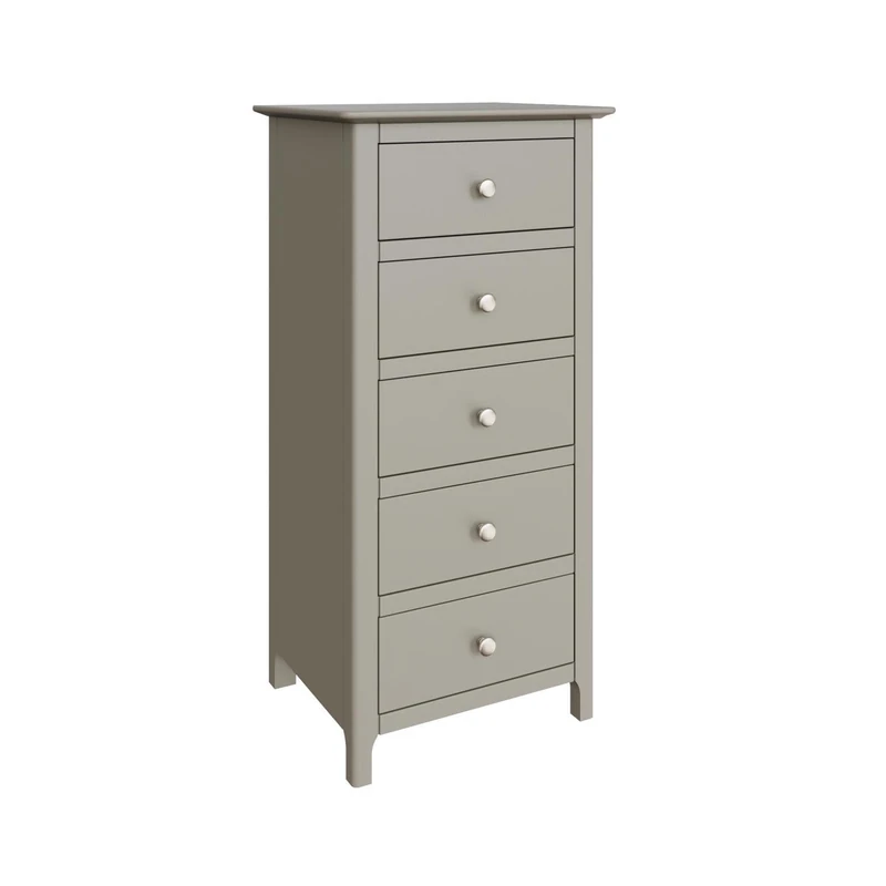 FWStyle Palma Grey 5-Drawer Tall Slim Chest of Drawers – Fully Assembled Narrow Storage Unit with Smooth-Glide Drawers & Brushed Metal Handles – Compact Bedroom Furniture
