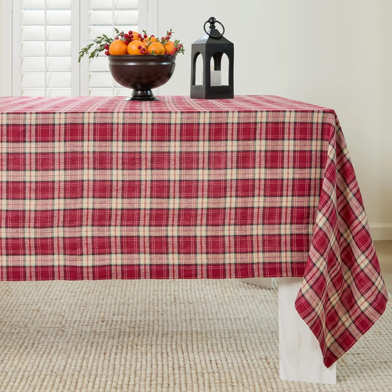 Solino Home 100% Pure Linen Tablecloth Burgundy, Burgundy Plaid 60 x 108 in