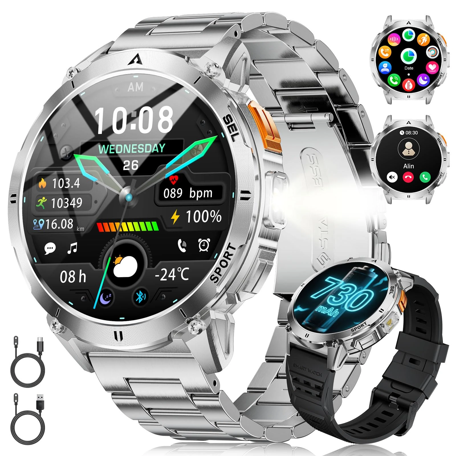 LIGE Smart Watch for Men with LED Flashlight, 1,62" HD AMOLED Display 730mAh Military Smartwatch with Answer/Make Calls, 3ATM Waterproof Pedometer with 24/7 Heart Rate/Spo2 for iOS Android, 2 Cables