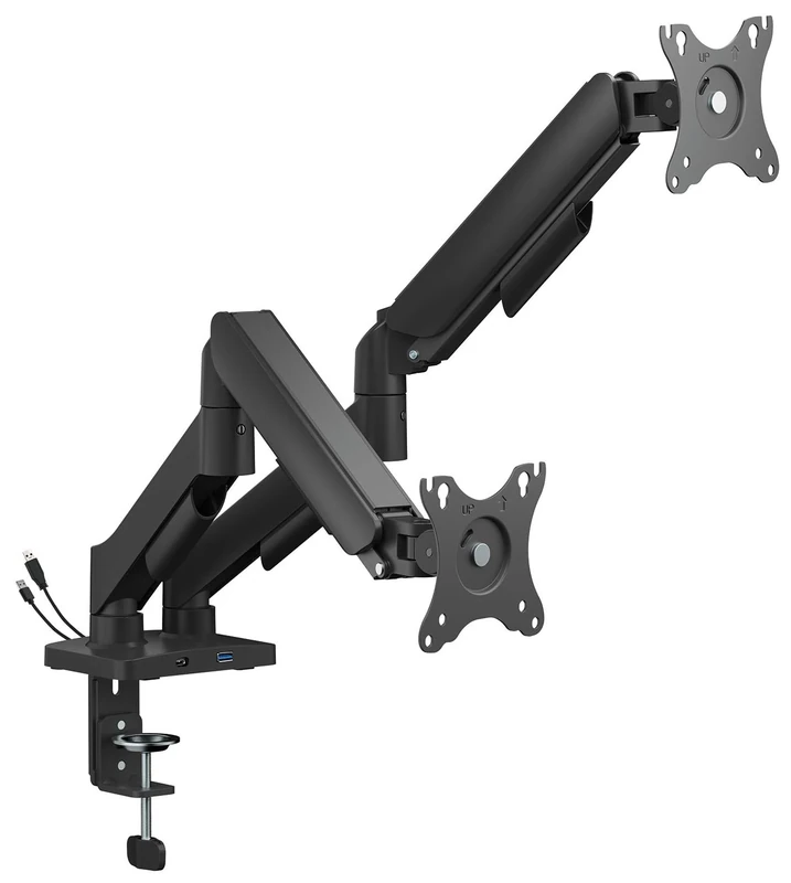 AV:Link | Dual Full Motion Gas Spring Monitor Arms with USB Hub | Adjustable Desk Mounts for 17-32" Screens | VESA Compatible | Clamp or Grommet Fitting | Cable - Image 1