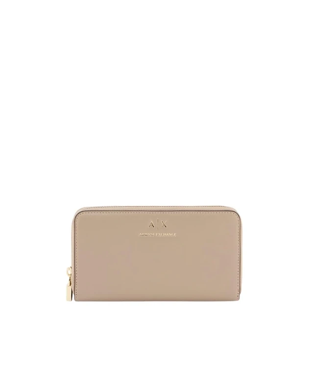 Armani Exchange Women Jane Classic Metal Logo Card Coin Pocket Gold Zip Around Padlock Accessory-Travel Wallet, Sand, One Size - Image 1