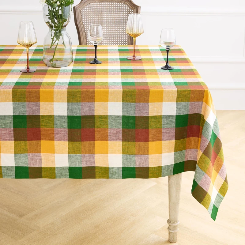 Solino Home Buffalo Check Linen Tablecloth 60 x 120 Inch - 100% Pure Linen Fall Multicolor Plaid Table Cloth for Rectangle Tables - Machine Washable Checkered Tablecloth for Halloween