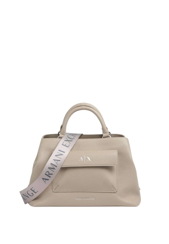 Armani Exchange Women's Nicole, Sustainable, Silver Logo, Front Pocket Shopping Bag, Sand