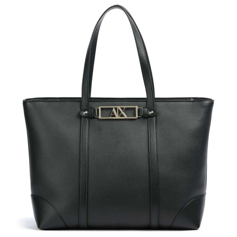 Armani Exchange Women Polly, Gold Logo Plate, Shoulder Strap Shopping Bag, Black, One Size