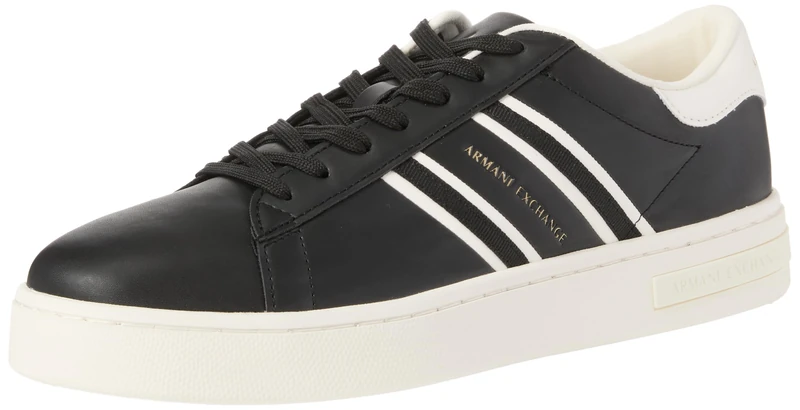 Armani Exchange Men's London, Side Stripes, Colour Contrast Trainers, Black + Off White, 43 EU