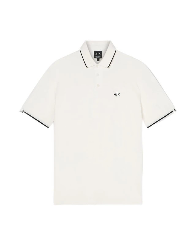 Armani Exchange Men's 3D Embroidered Sleeves Logo Bicolor Collar Polo Shirt, Off White, XL