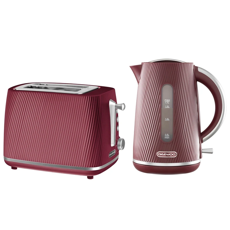 Daewoo Cascade Kettle & Toaster Set – 1.7L Rapid Boil Electric Kettle & 2 Slice Toaster Bundle – Ruby Ribbed Finish, Adjustable Browning, Reheat & Defrost, Removable Crumb Tray, Limescale Filter