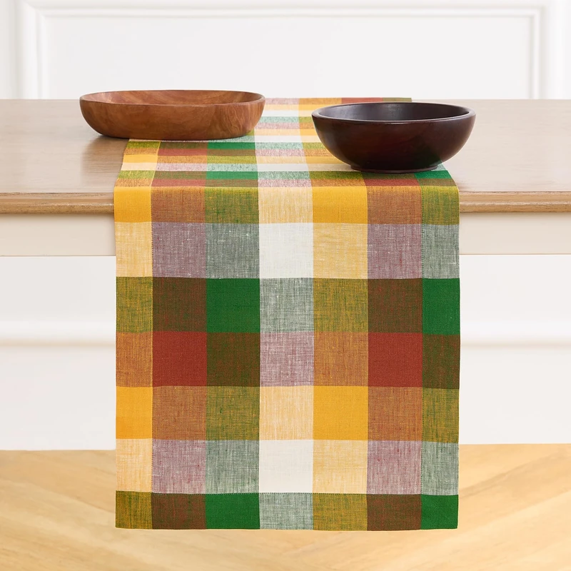 Solino Home Buffalo Check Linen Table Runner 108 Inches Long - 100% Pure Linen Fall Multicolor Plaid Table Runner 14 x 108 Inch Ideal for Dining
