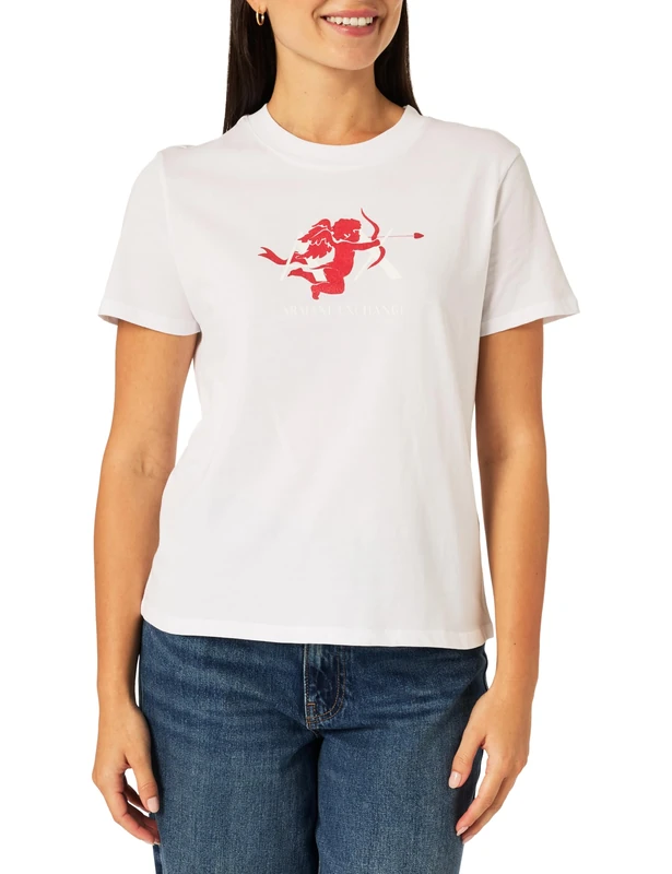 Armani Exchange Women's Red Cupido Glitter Print Backtone On Tone Logo T-Shirt, White (Optic White), XXL