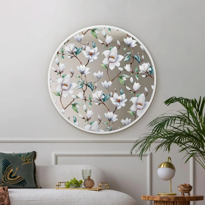 MirrorOutlet The Typis - White Metal Frame Edged Modern Round Circular Edge Wall Mirror With Flower Printed Decal 31"x31" (80CM X 80CM) Silver Mirror Glass with White Frame
