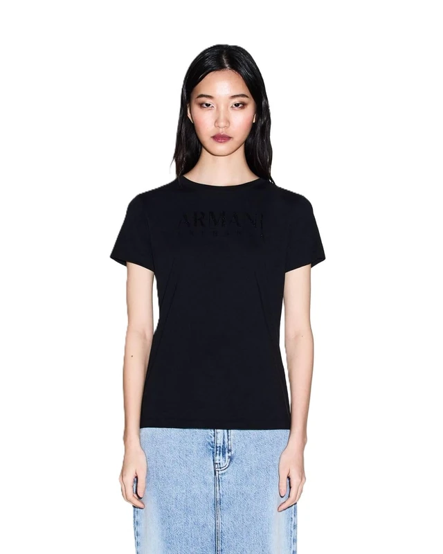 Armani Exchange Women's Rhine Stone Big Tone On Tone Logo Simple T-Shirt, Black, XS