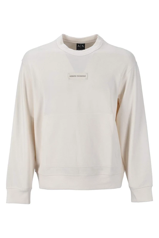 Armani Exchange Men's Embroidered Logo Patch, Monochrome, Front Pocket Hooded Sweatshirt, Cream, M