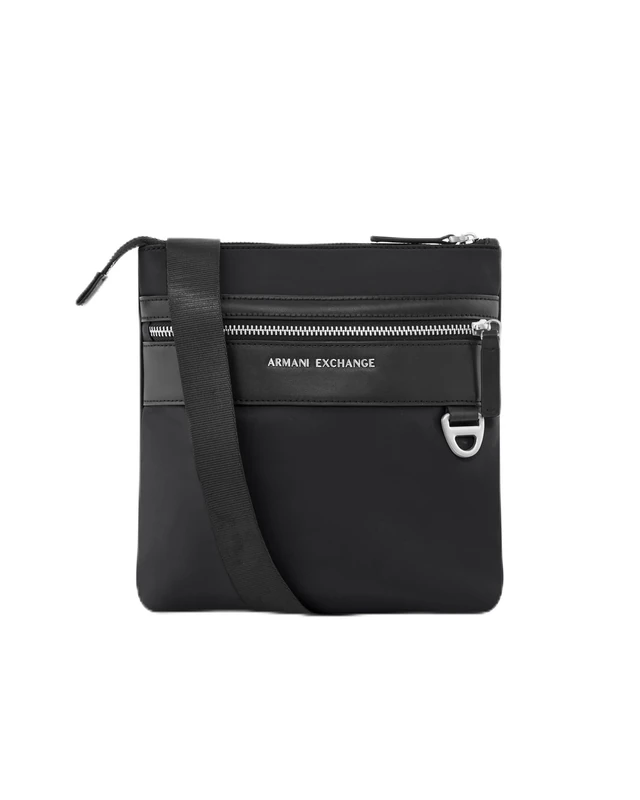 Armani Exchange Men Las Vegas, Metal Logo, Zipped Pocket Messenger Bag, Black/Black, One Size