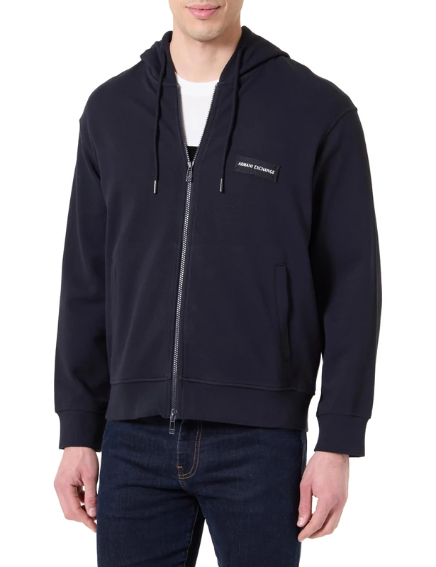 Armani Exchange Men's Plain Boxy Fit, Embroidered Patch Logo, Metal Zip Hooded Sweatshirt, deep Navy, XS