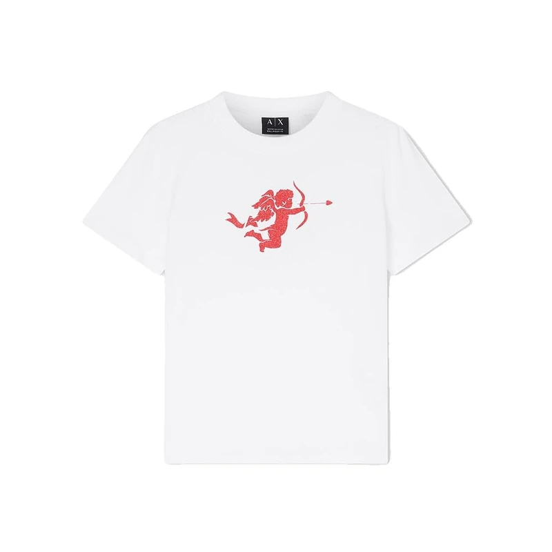 Armani Exchange Women's Red Cupido Glitter Print Backtone On Tone Logo T-Shirt, White (Optic White), XL