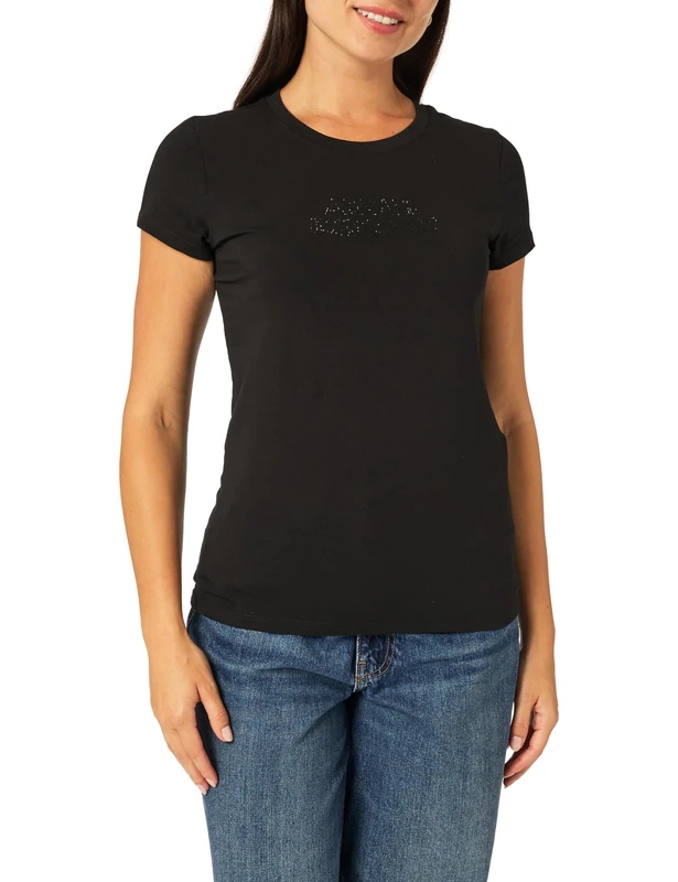 Armani Exchange Women's Rhine Stone Logo Tone Simple T-Shirt, Black, XXL