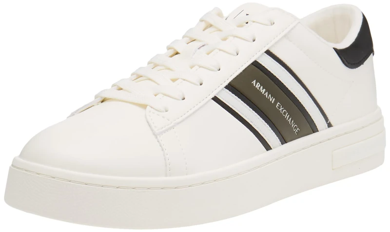 Armani Exchange Men's London, Side Stripes, Colour Contrast Trainers, Off White + Musk, 43 EU