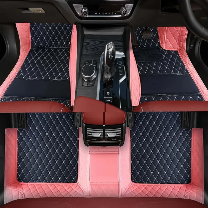 Custom Luxury Car Floor Mats Suitable for All Sedans, Sports Cars,SUV, Business Vehicles, Trucks, Waterproof and Anti Slip Fully Covered Leather Floor Mats (Pink and Black)